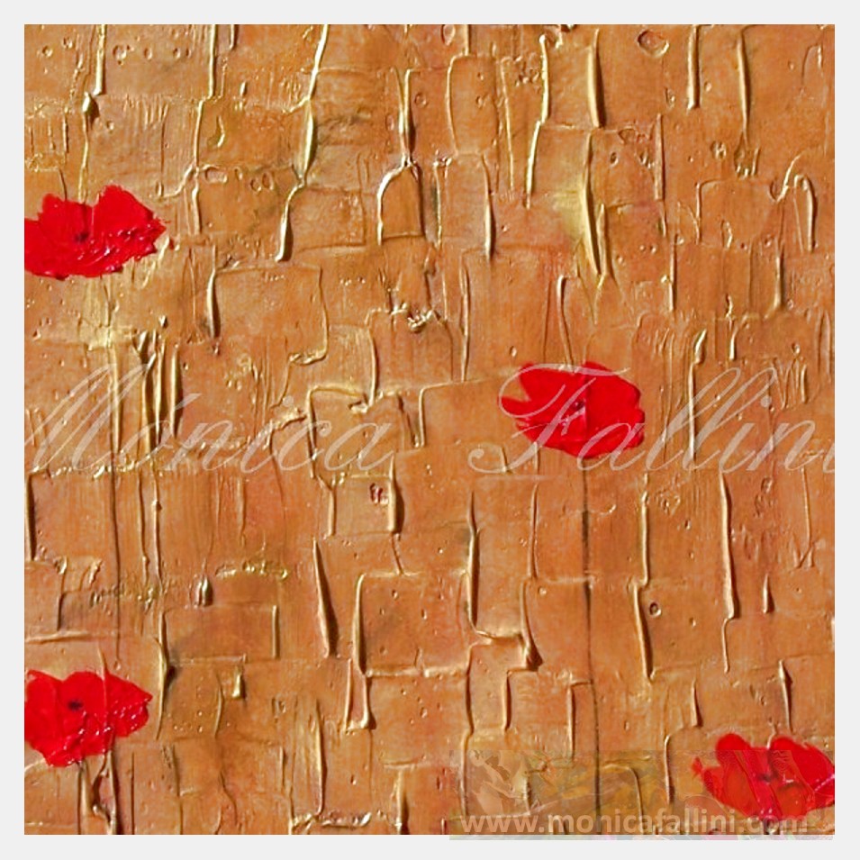 Painting titled '8 red Poppies on Earth golden landscape' by Monica Fallini