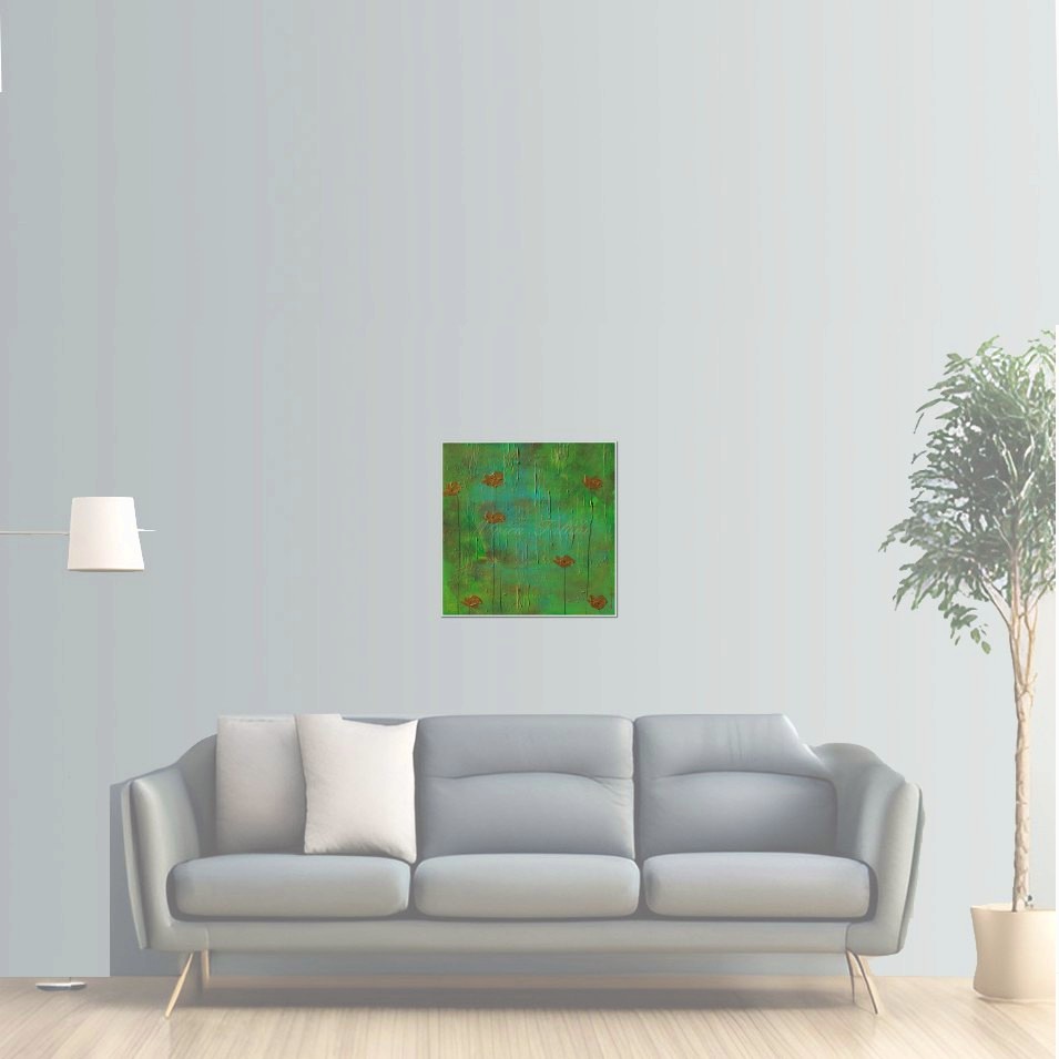 Painting titled '7 golden Poppies on green and gold landscape' by Monica Fallini