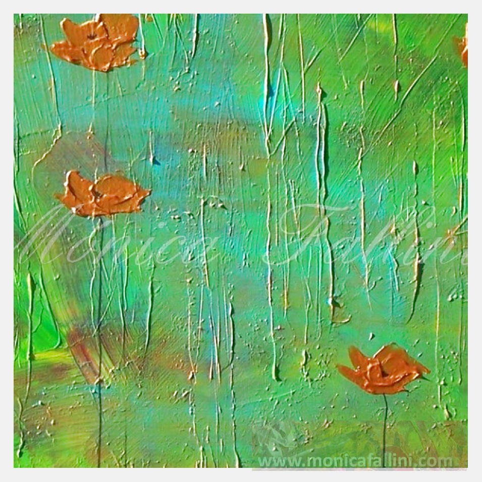 Painting titled '7 golden Poppies on green and gold landscape' by Monica Fallini