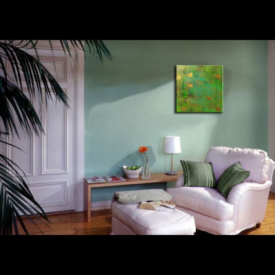 Painting titled '7 golden Poppies on green and gold landscape' by Monica Fallini