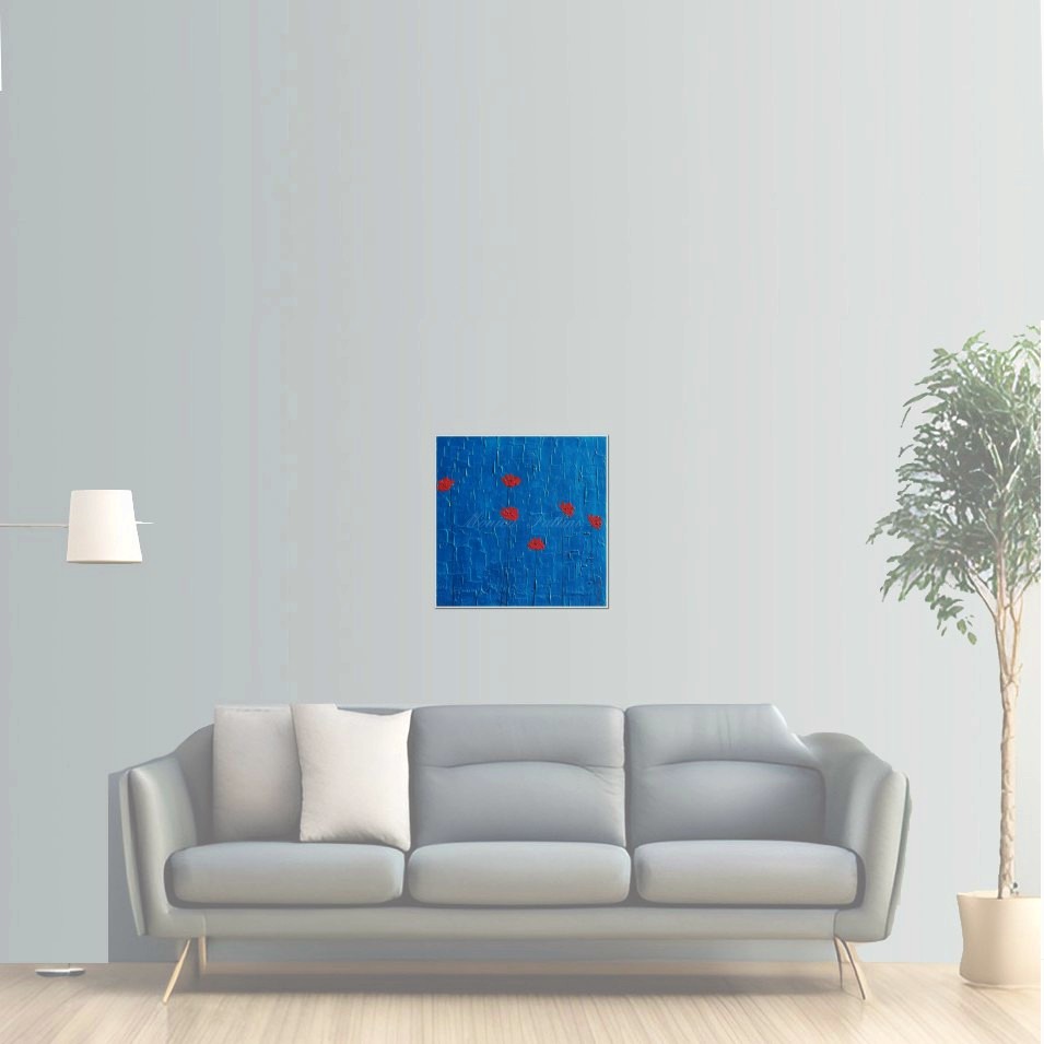 Painting titled 'Metallic blue landscape with floating Poppies' by Monica Fallini