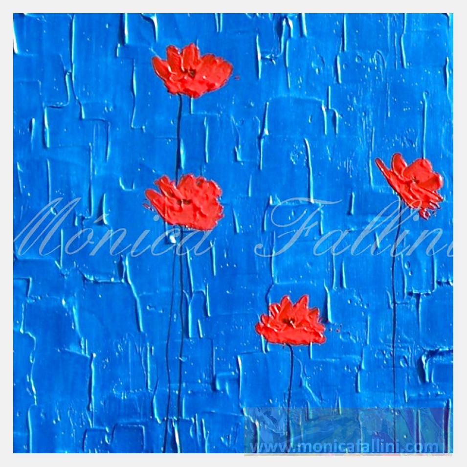 Painting titled 'Metallic blue landscape with floating Poppies' by Monica Fallini
