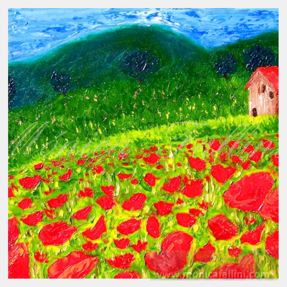 Painting titled 'Tuscan landscape with Poppies' by Monica Fallini