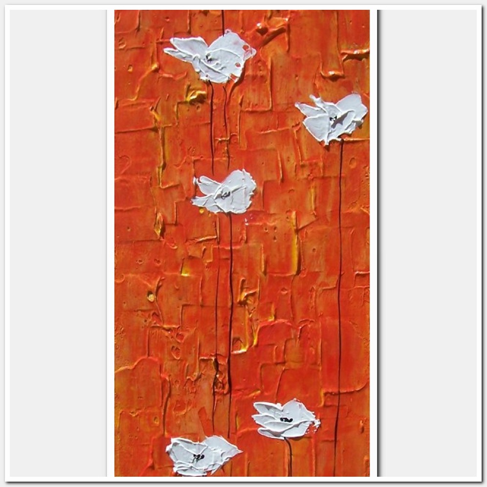 Painting titled 'White Poppies on orange landscape' by Monica Fallini