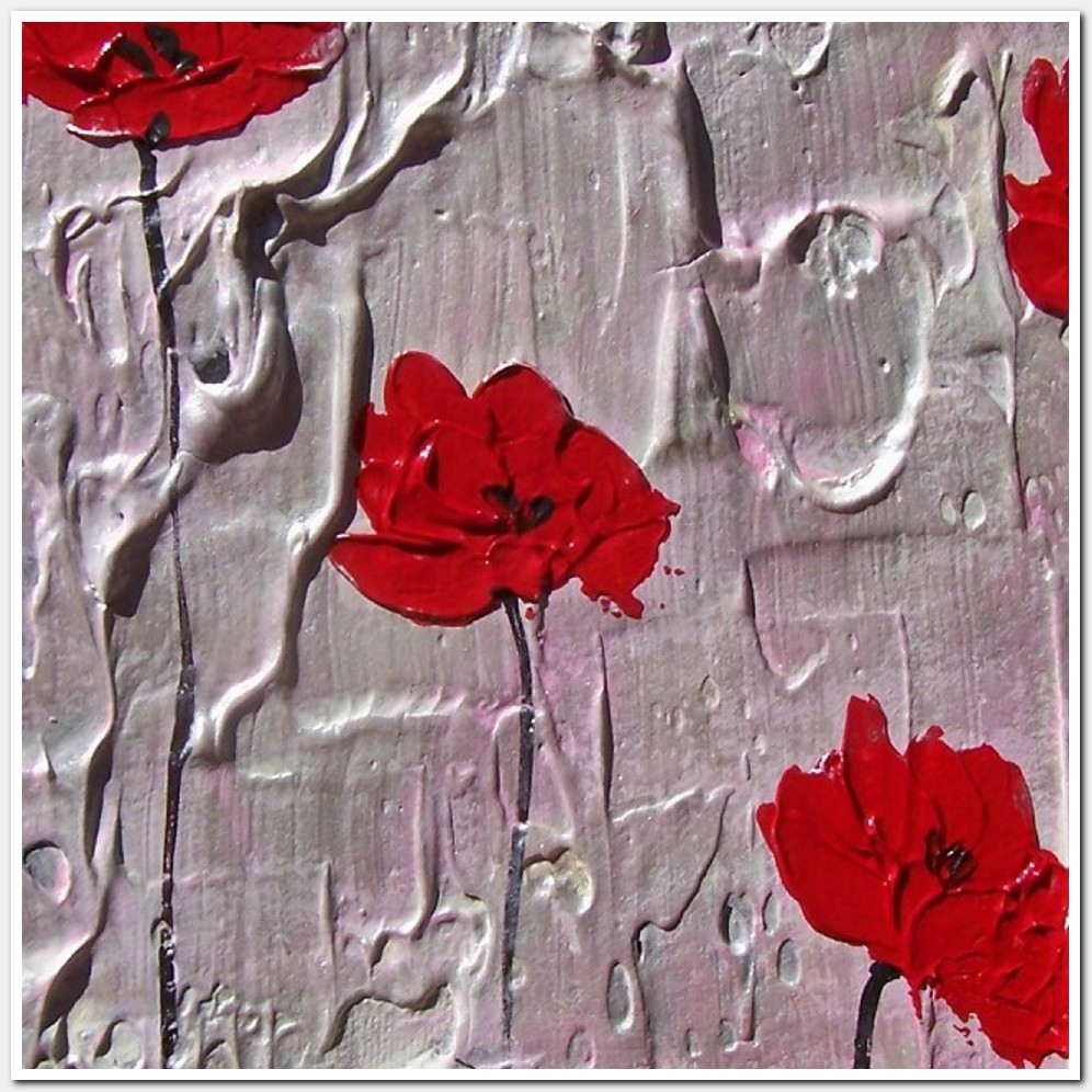 Painting titled 'Red Poppies on pink and pearl' by Monica Fallini