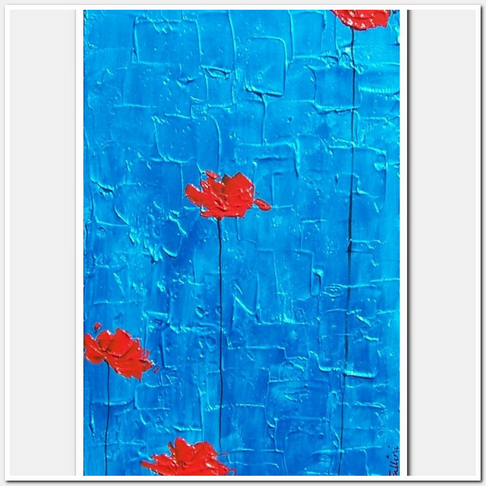 Painting titled 'Metallic blue with floating red Poppies' by Monica Fallini