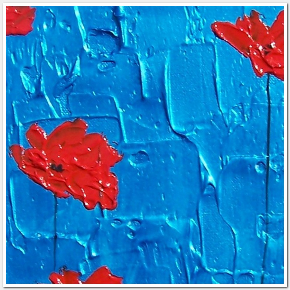 Painting titled 'Metallic blue with floating red Poppies' by Monica Fallini