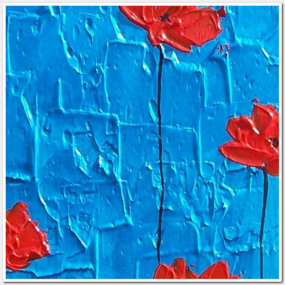 Painting titled 'Metallic blue with floating red Poppies' by Monica Fallini