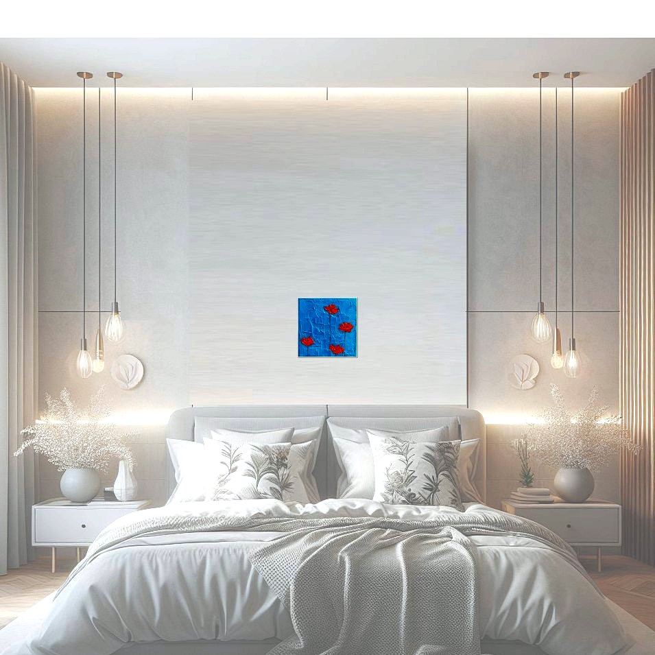 Painting titled 'Metallic blue with floating red Poppies' by Monica Fallini