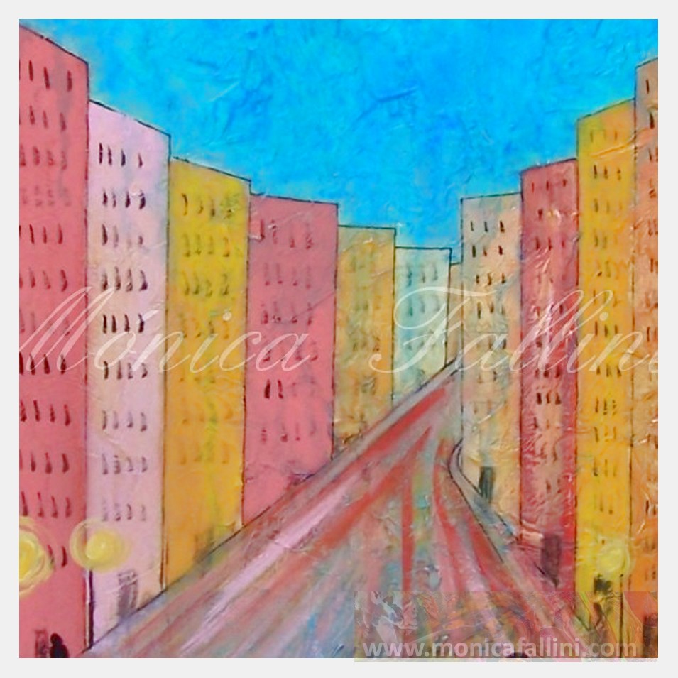 Painting titled 'Urban perspective, rainy night # 13001' by Monica Fallini