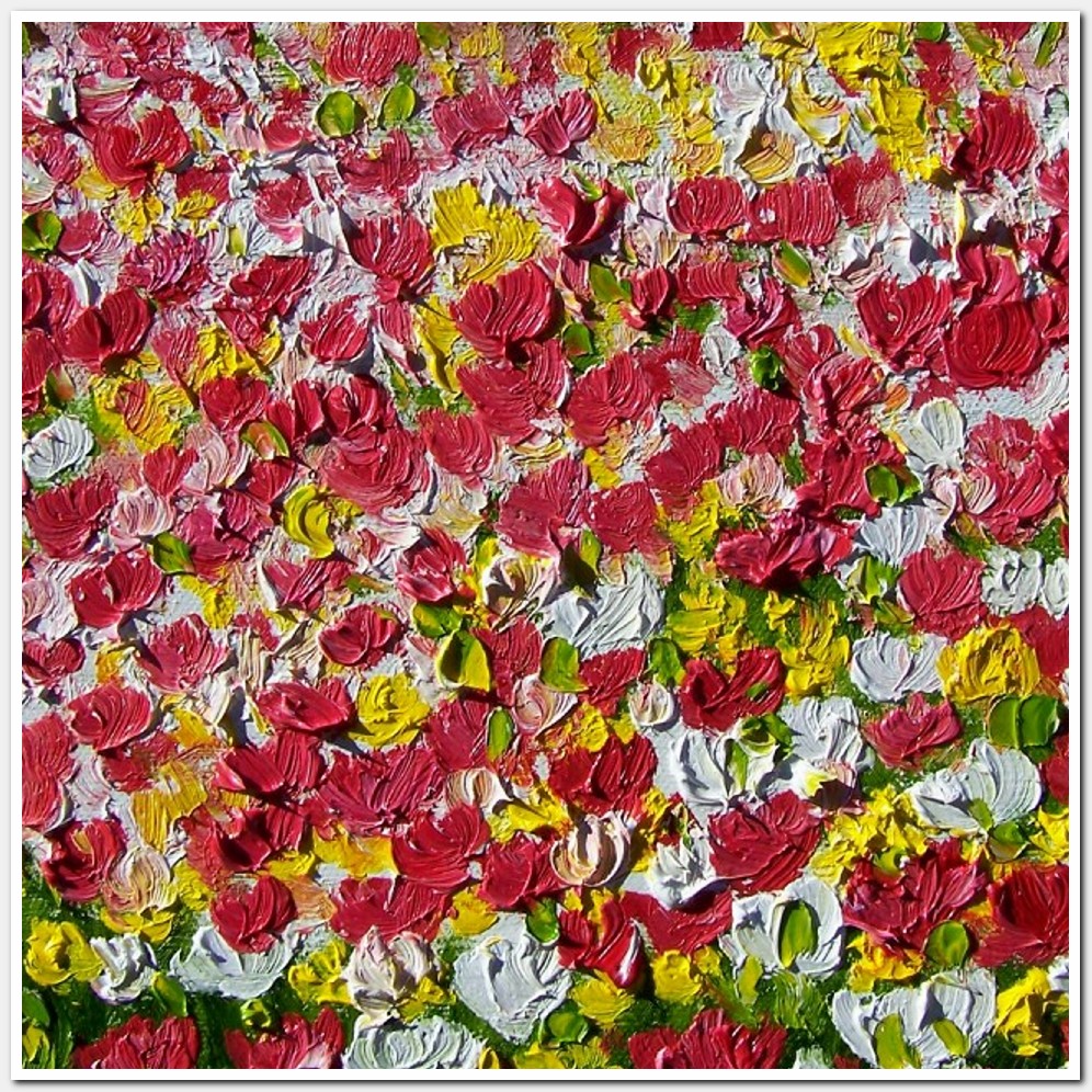 Painting titled 'Purple, white Tulips and Daffodils' garden' by Monica Fallini