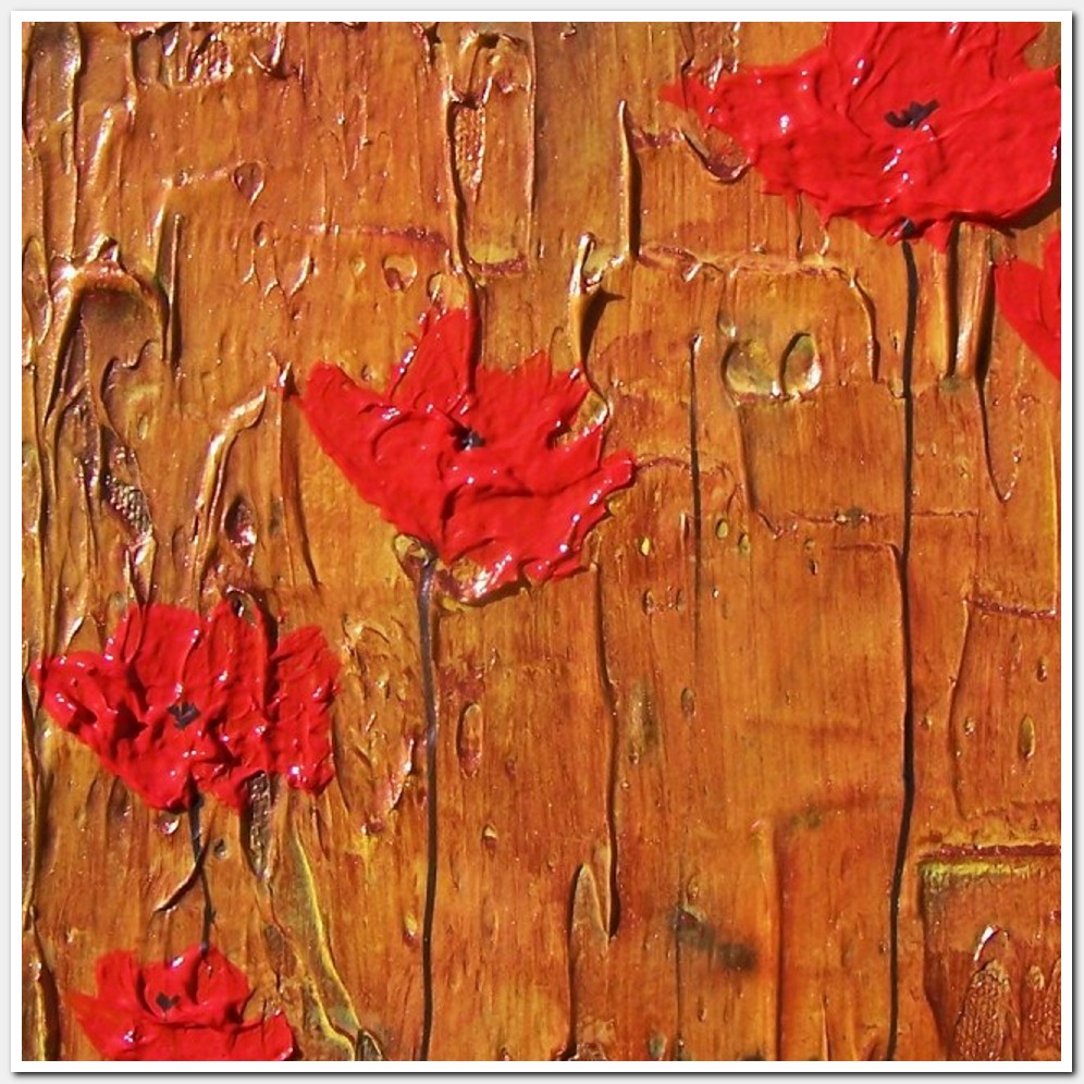 Painting titled '9 red Poppies in copper landscape' by Monica Fallini