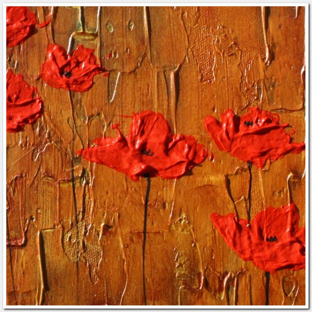 Painting titled '9 red Poppies in copper landscape' by Monica Fallini