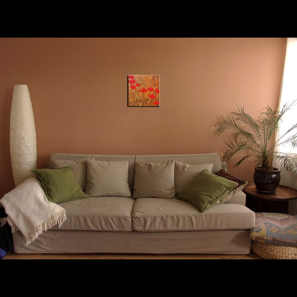 Painting titled '9 red Poppies in copper landscape' by Monica Fallini