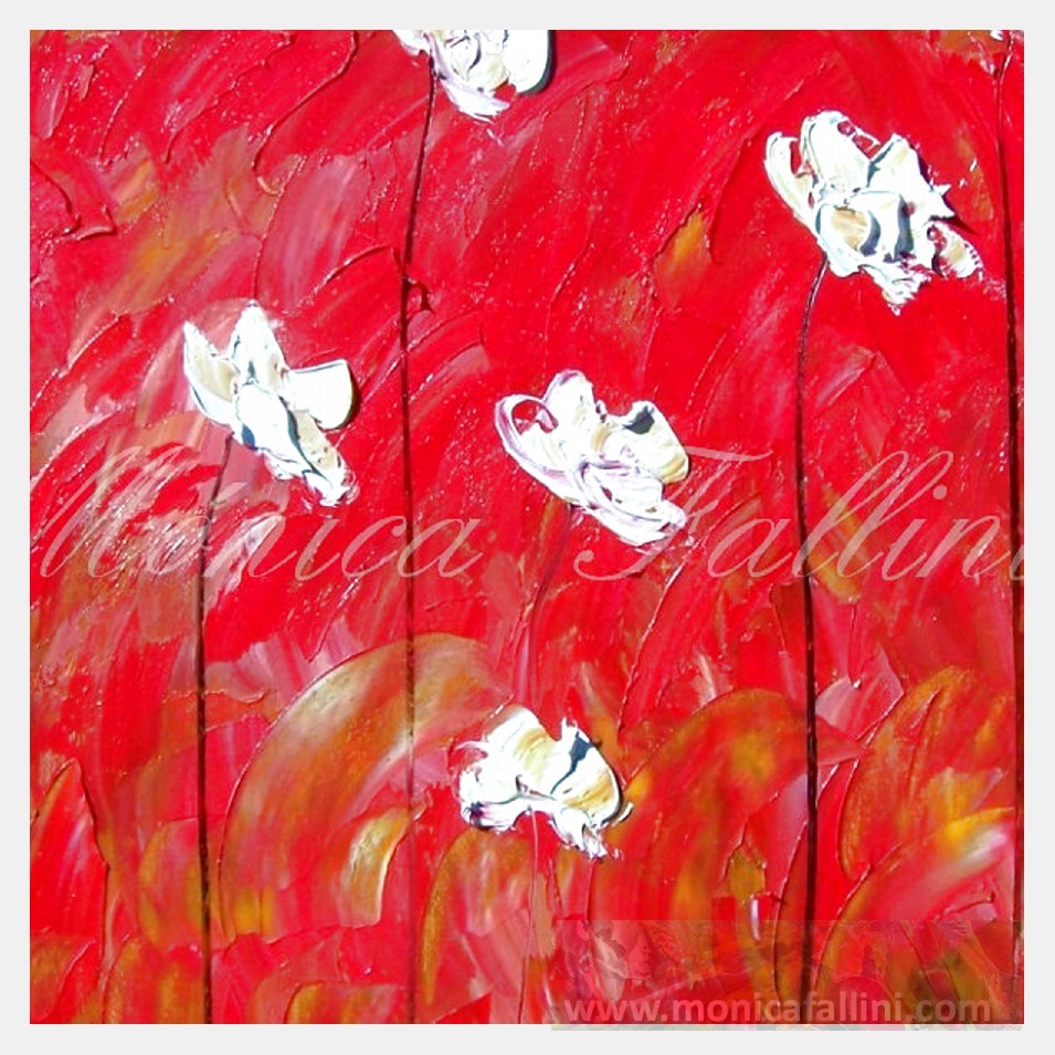 Painting titled 'White Poppies on red landscape' by Monica Fallini