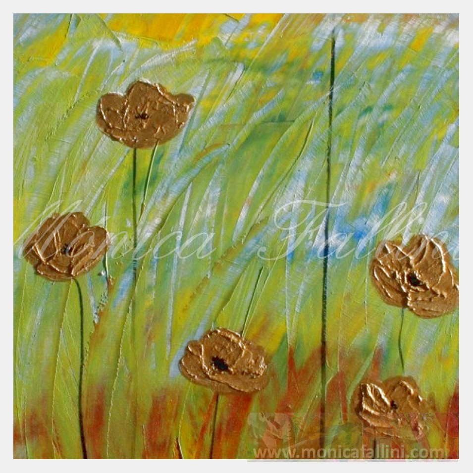 Painting titled 'Spring landscape with golden Poppies' by Monica Fallini