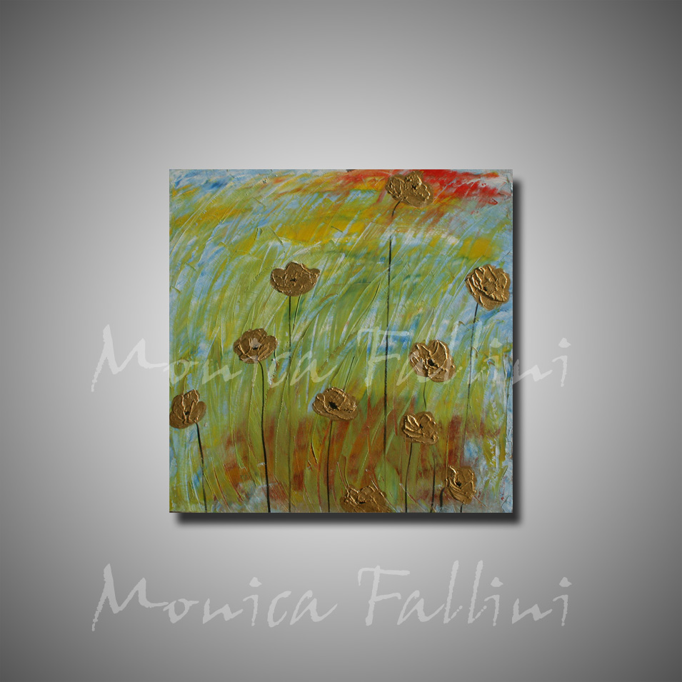 Painting titled 'Spring landscape with golden Poppies' by Monica Fallini
