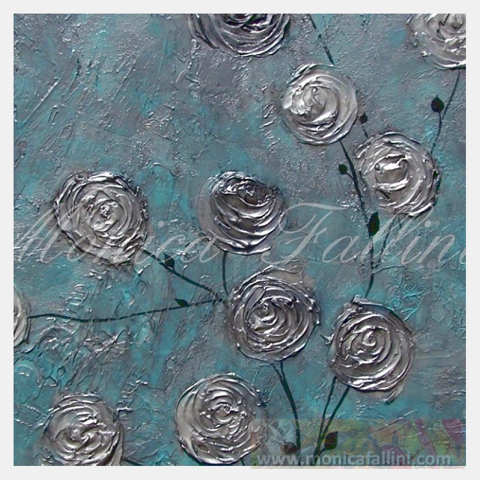 Painting titled 'Pearl vintage Roses on silver landscape ' by Monica Fallini