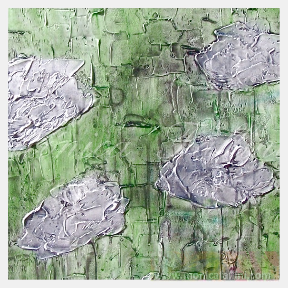Painting titled 'Pearl vintage Poppies on green' by Monica Fallini