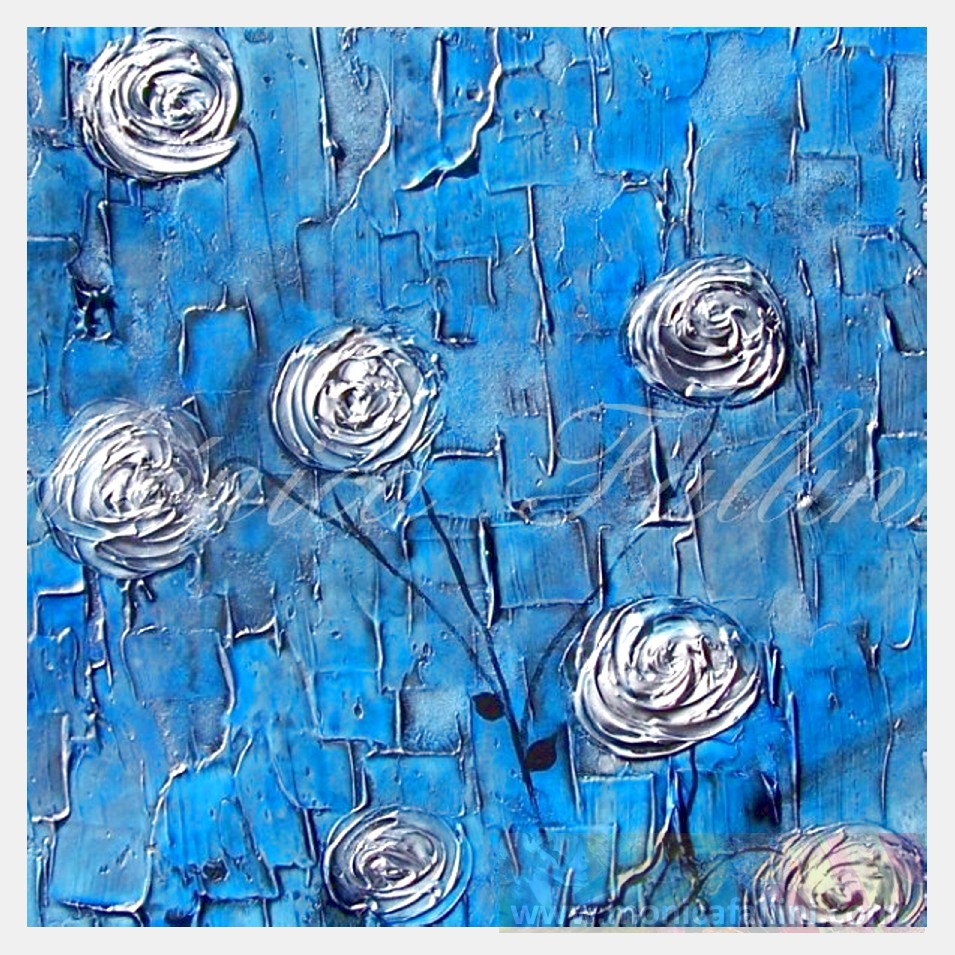 Painting titled 'Silver Roses vintage on blue landscape' by Monica Fallini