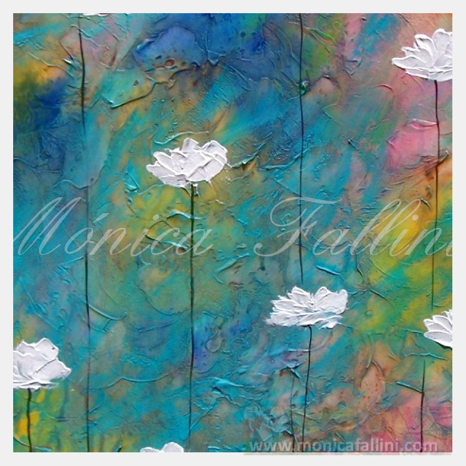 Painting titled '9 happy white Poppies' by Monica Fallini