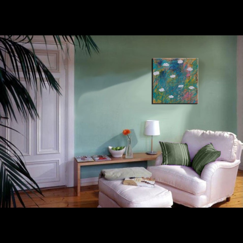 Painting titled '9 happy white Poppies' by Monica Fallini