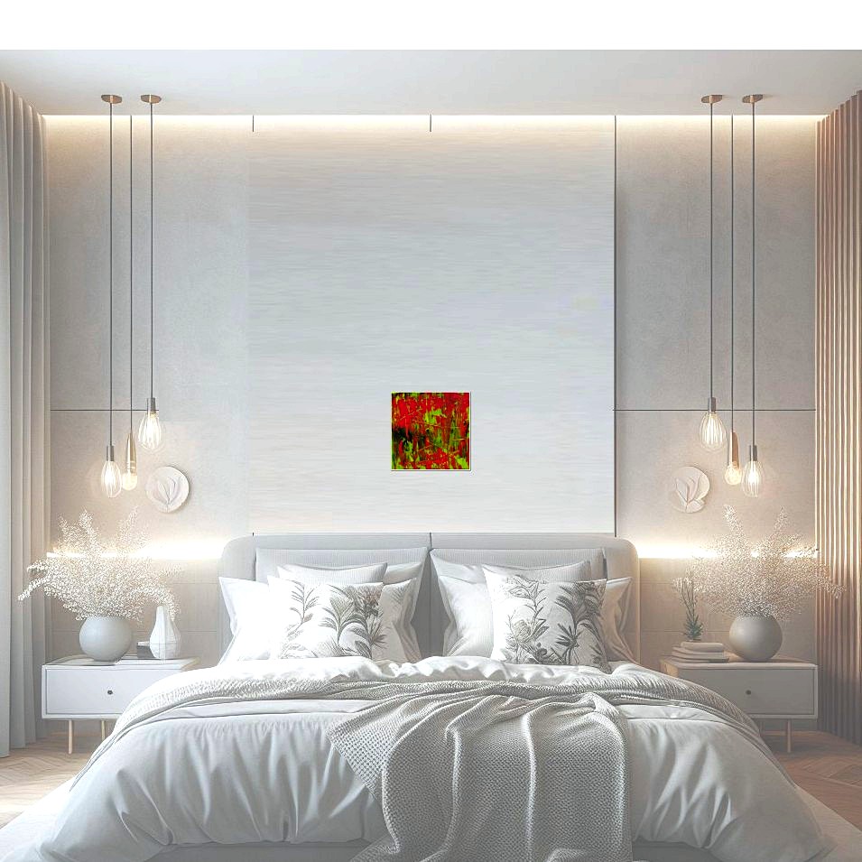 Painting titled 'Abstraction in black, red and green ' by Monica Fallini