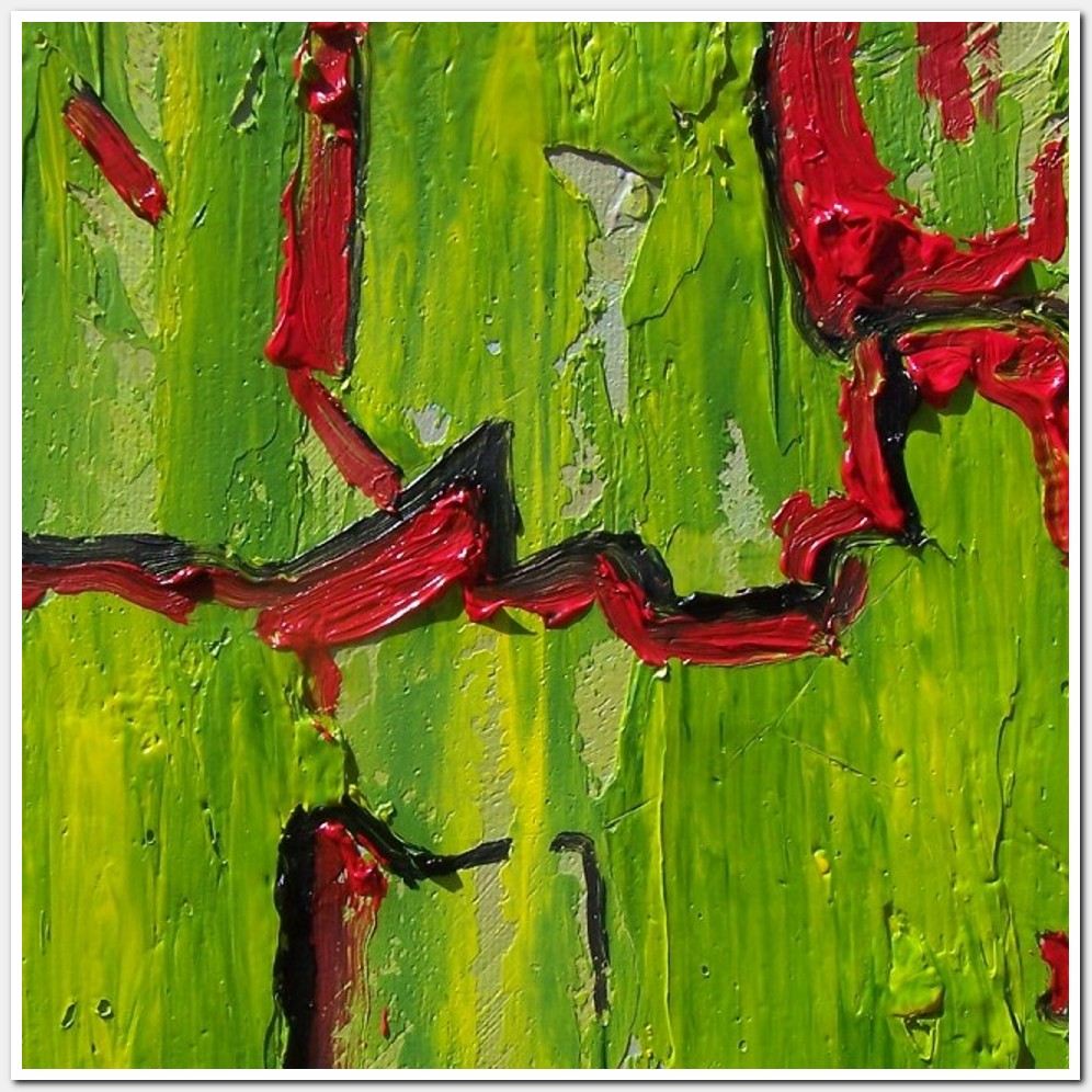 Painting titled 'Abstraction in black, red and green' by Monica Fallini
