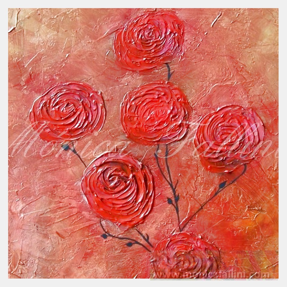 Painting titled '6 Roses on copper landscape, red Roses' by Monica Fallini