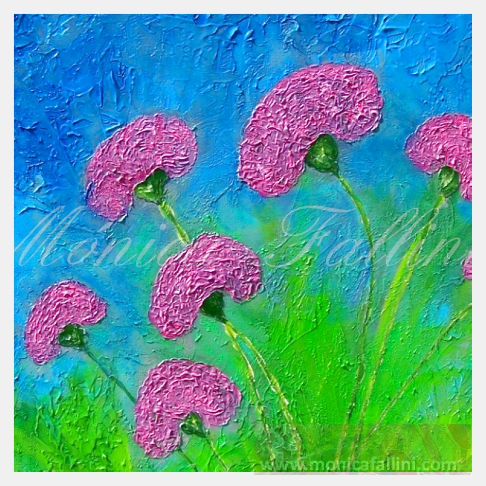 Painting titled 'Night falling in the garden, pink Carnations' by Monica Fallini