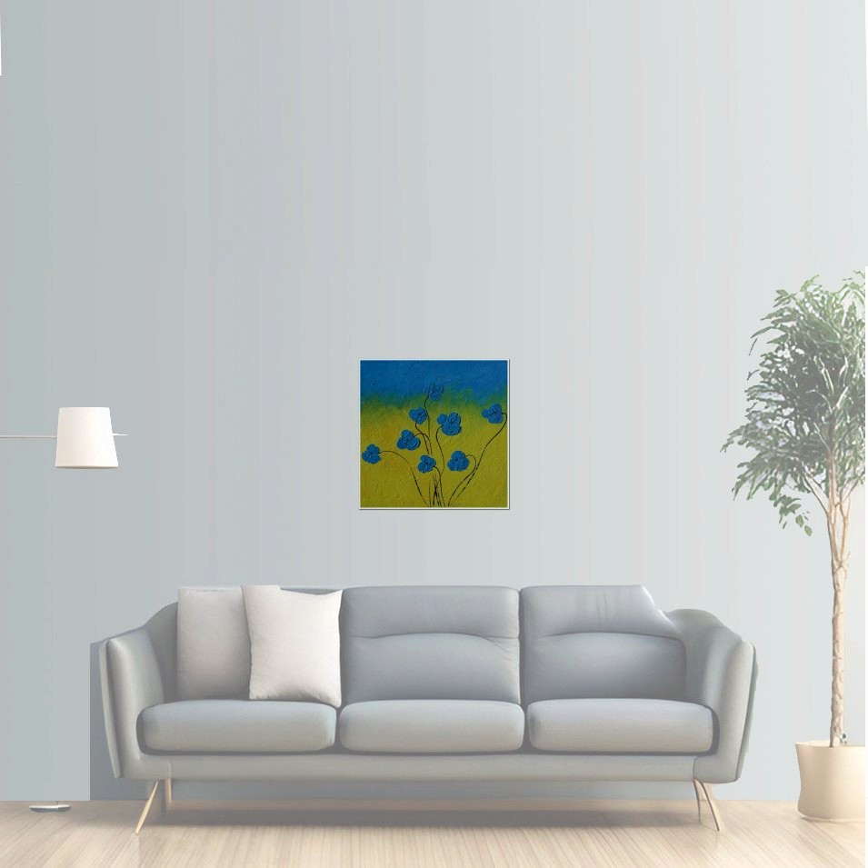 Painting titled 'Dancing blue Poppies in the field' by Monica Fallini