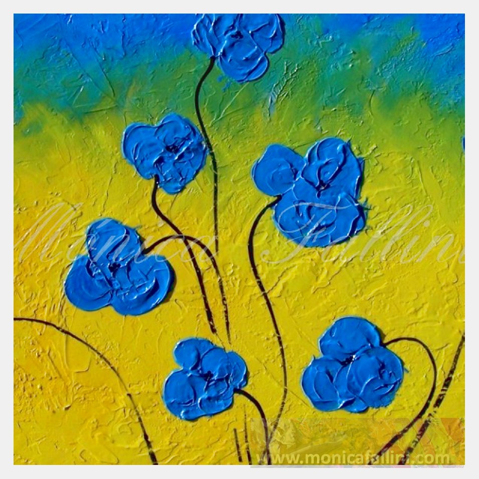 Painting titled 'Dancing blue Poppies in the field' by Monica Fallini