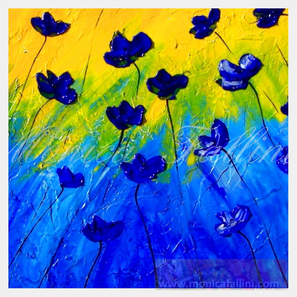 Painting titled 'Ocean blue Poppies on a sunny day' by Monica Fallini