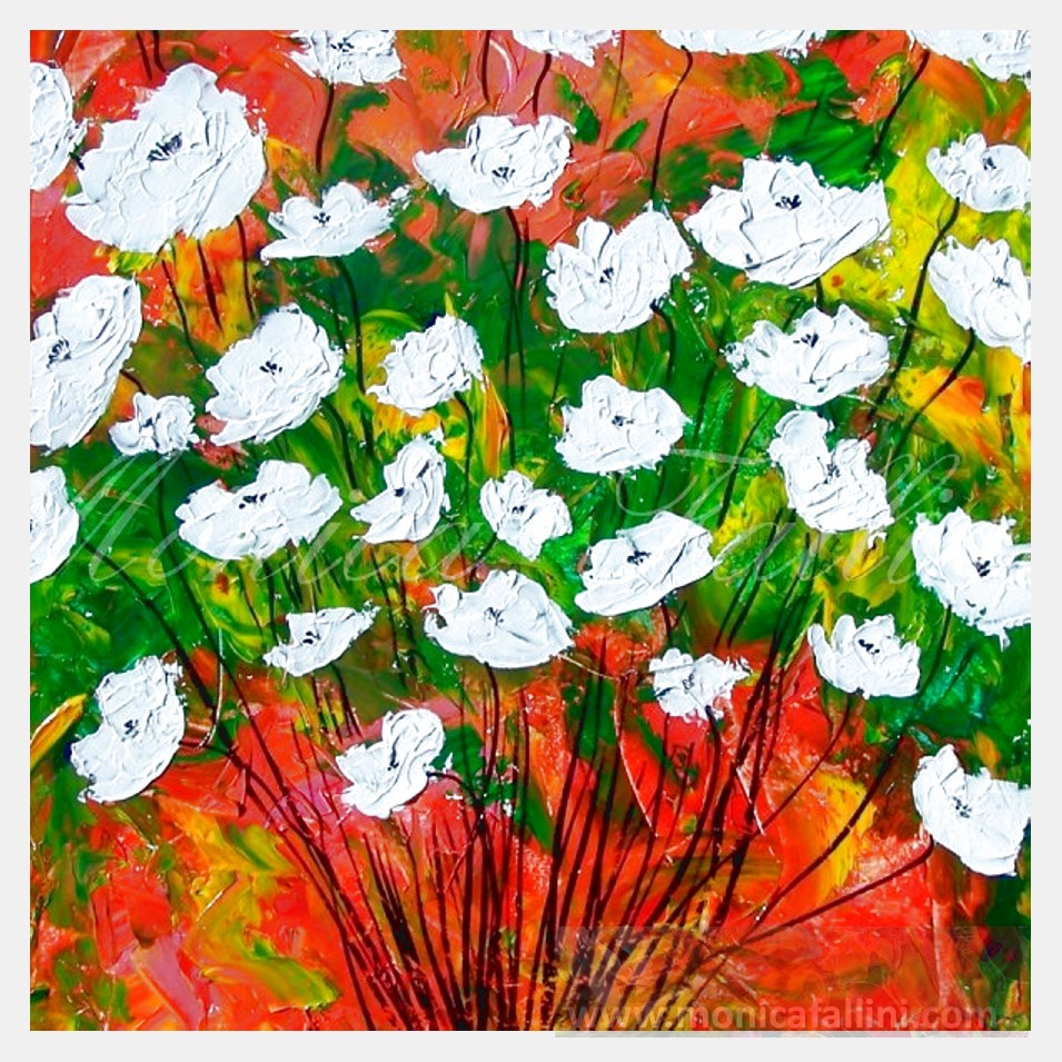 Painting titled 'A bouquet of white Poppies, floral' by Monica Fallini