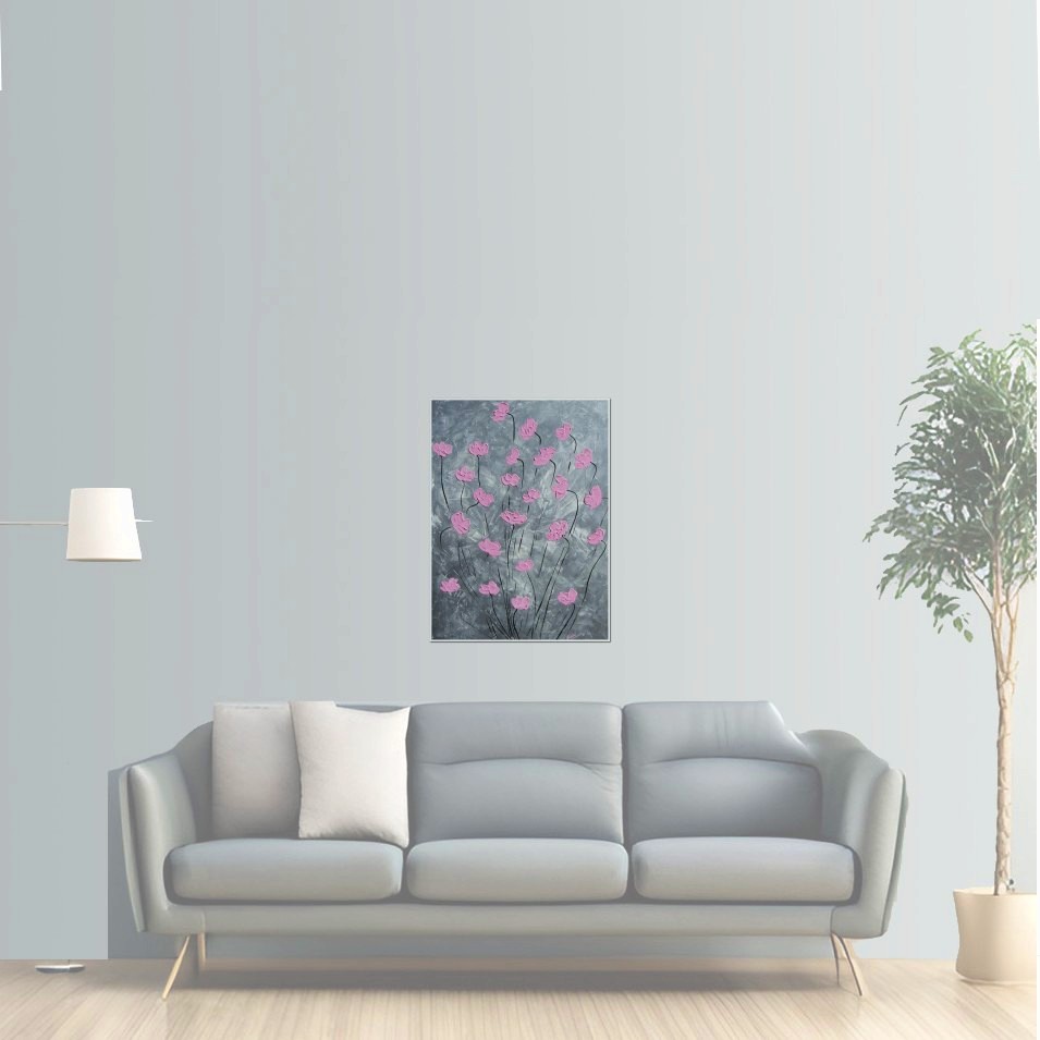 Painting titled 'Pink Poppies on silver landscape' by Monica Fallini