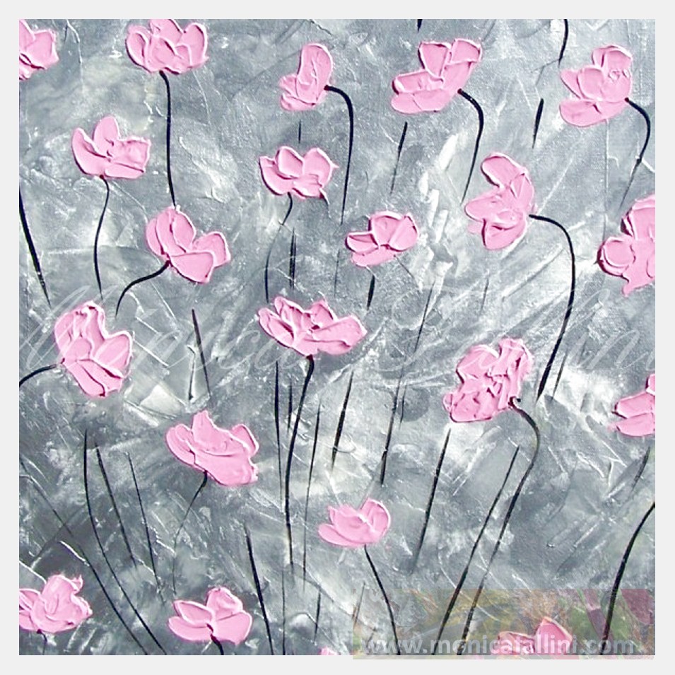 Painting titled 'Pink Poppies on silver landscape' by Monica Fallini