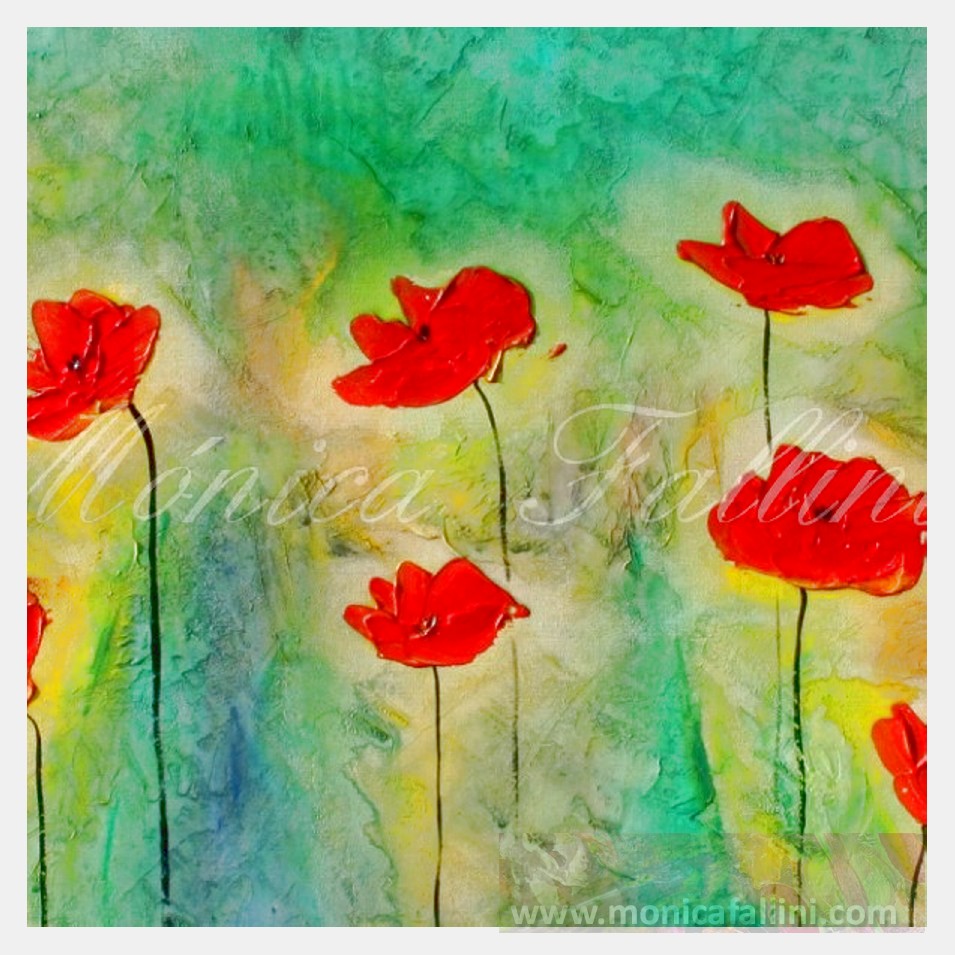 Painting titled 'In the energy field of the red Poppies' by Monica Fallini
