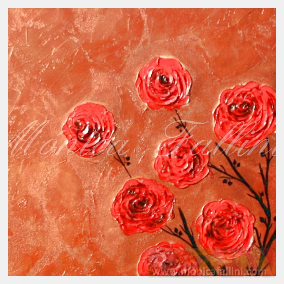 Painting titled '7 Roses on copper landscape' by Monica Fallini
