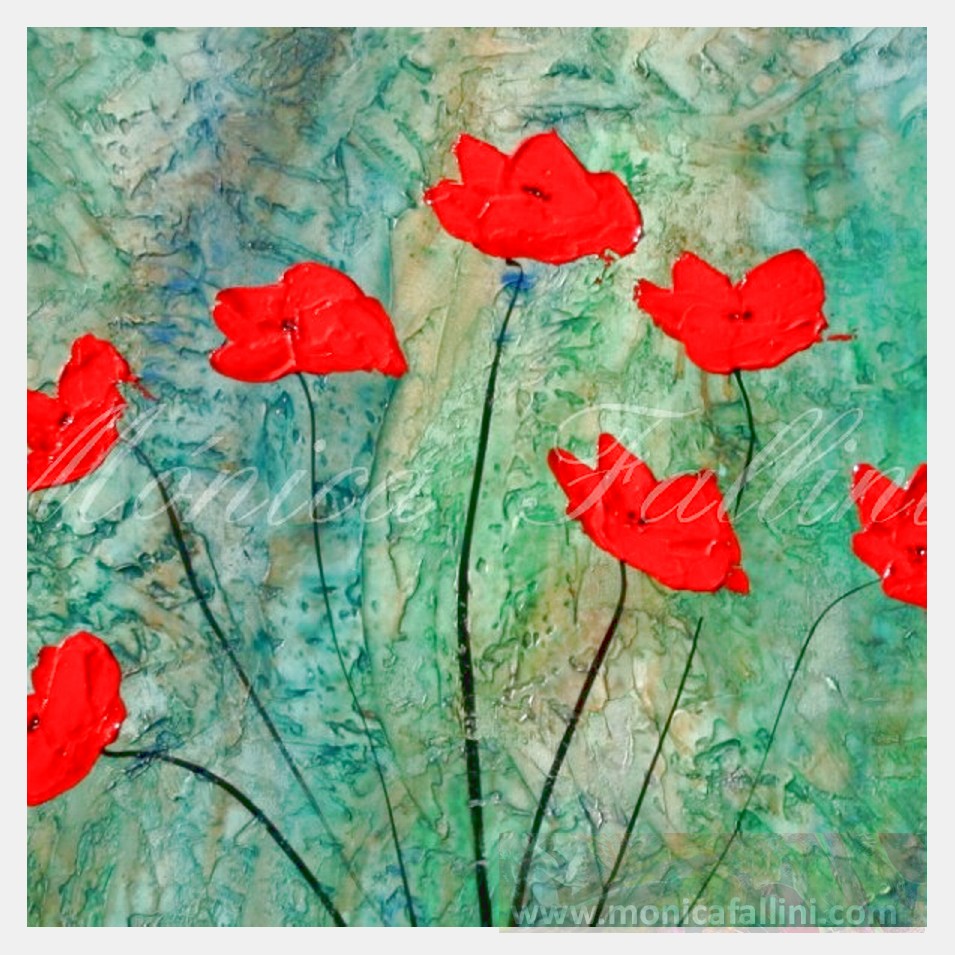 Painting titled 'Abstract landscape with 7 red Poppies' by Monica Fallini