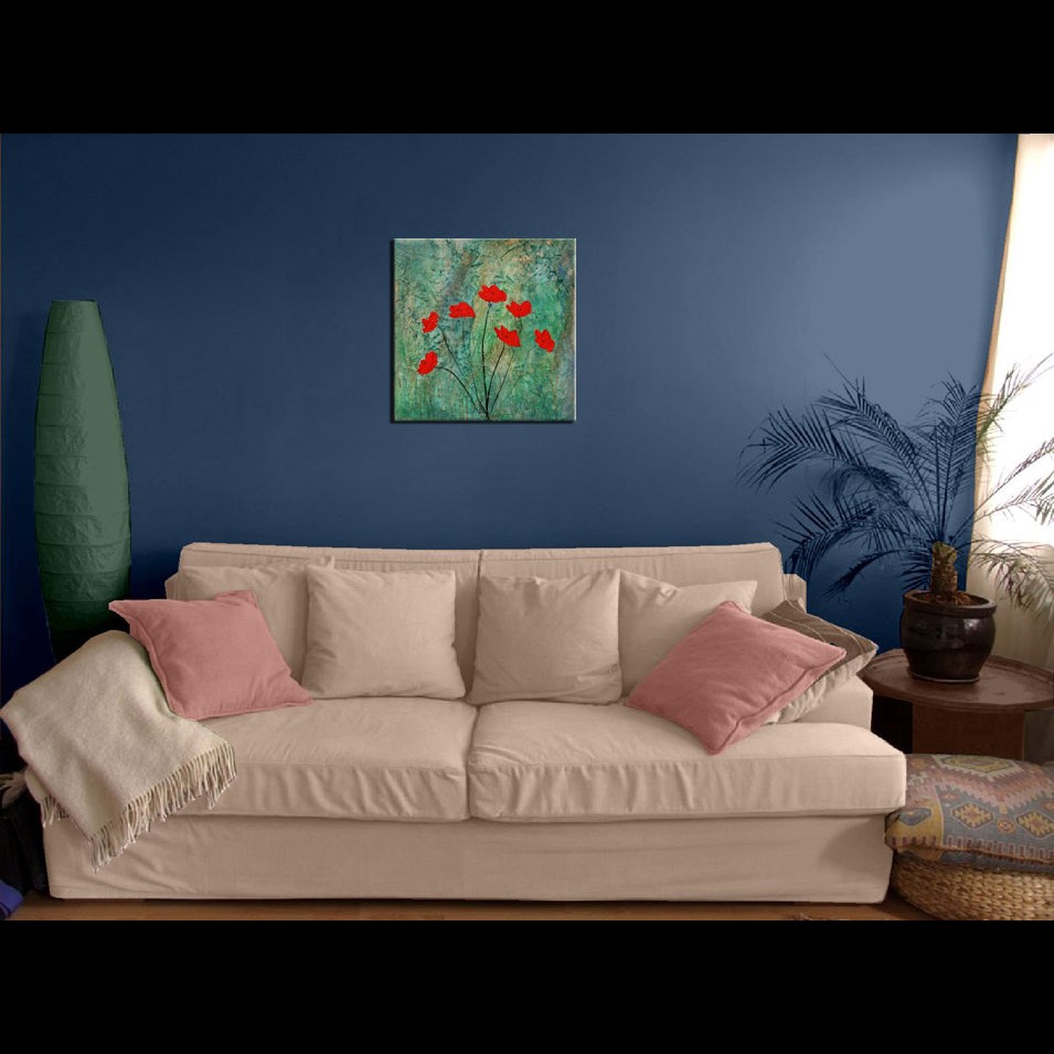 Painting titled 'Abstract landscape with 7 red Poppies' by Monica Fallini