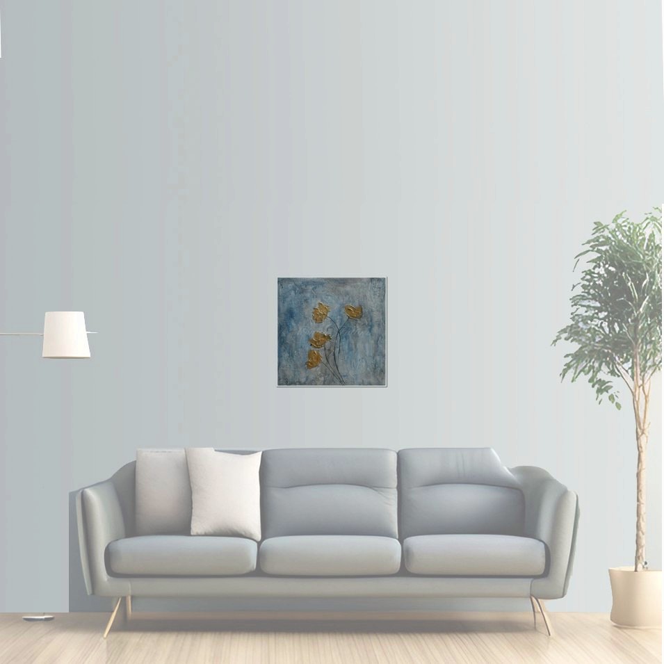 Painting titled 'Gold Poppies near ice landscape' by Monica Fallini