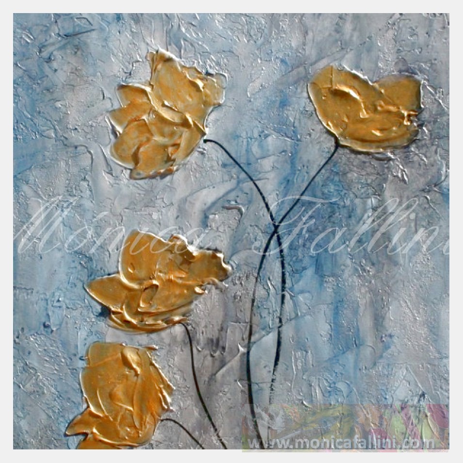 Painting titled 'Gold Poppies near ice landscape' by Monica Fallini