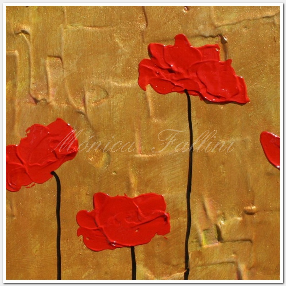 Painting titled '4 Poppies on gold' by Monica Fallini