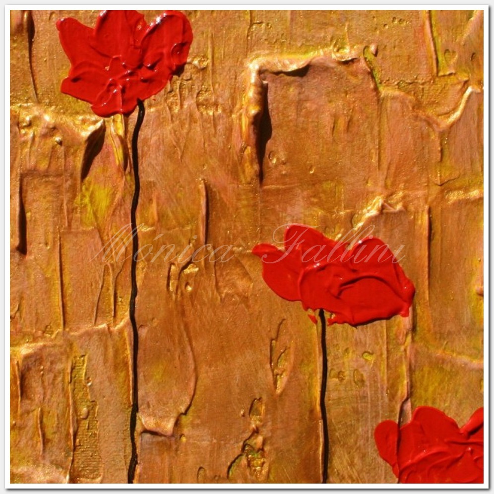 Painting titled '4 red Poppies on gold ' by Monica Fallini