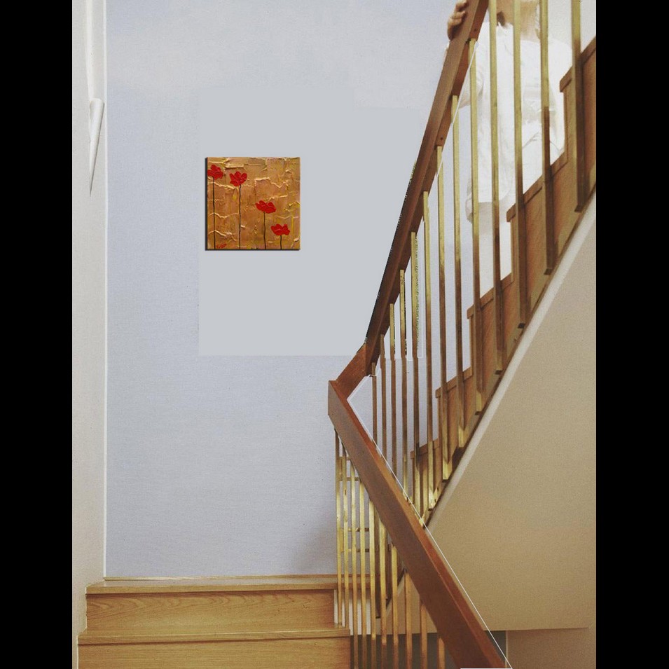 Painting titled '4 red Poppies on gold ' by Monica Fallini