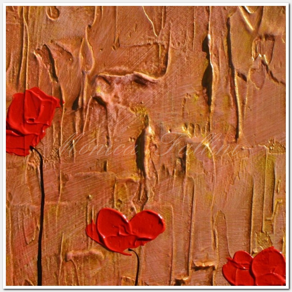 Painting titled '5 red Poppies on gold' by Monica Fallini