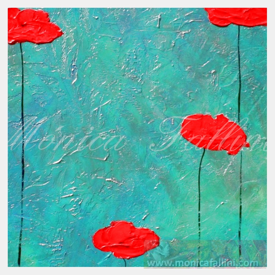 Painting titled 'Silver Dawn, red Poppies in the garden' by Monica Fallini