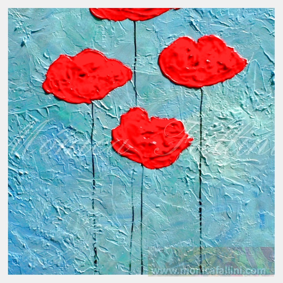 Painting titled 'Satin days, with the red Poppies in the garden' by Monica Fallini