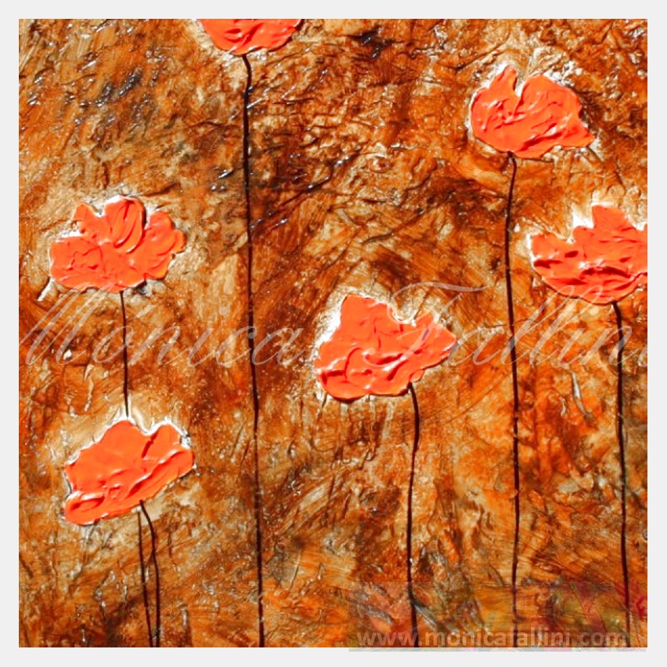 Painting titled 'Orange Poppies near the mountain.' by Monica Fallini