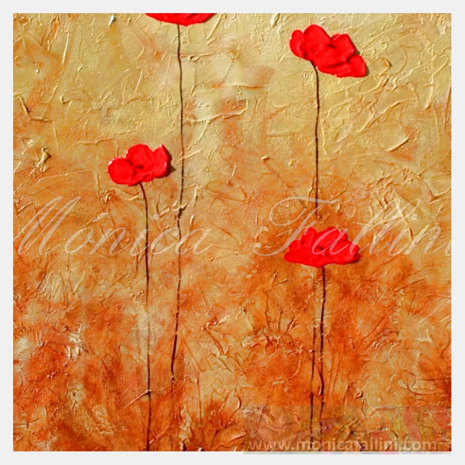 Painting titled 'Red Poppies on gold and copper landscape' by Monica Fallini
